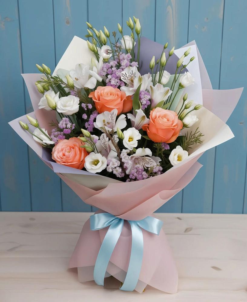 Букет цветов из: Лизиантусы, Розы, Альстромерии и Гипсофила в Дятьково