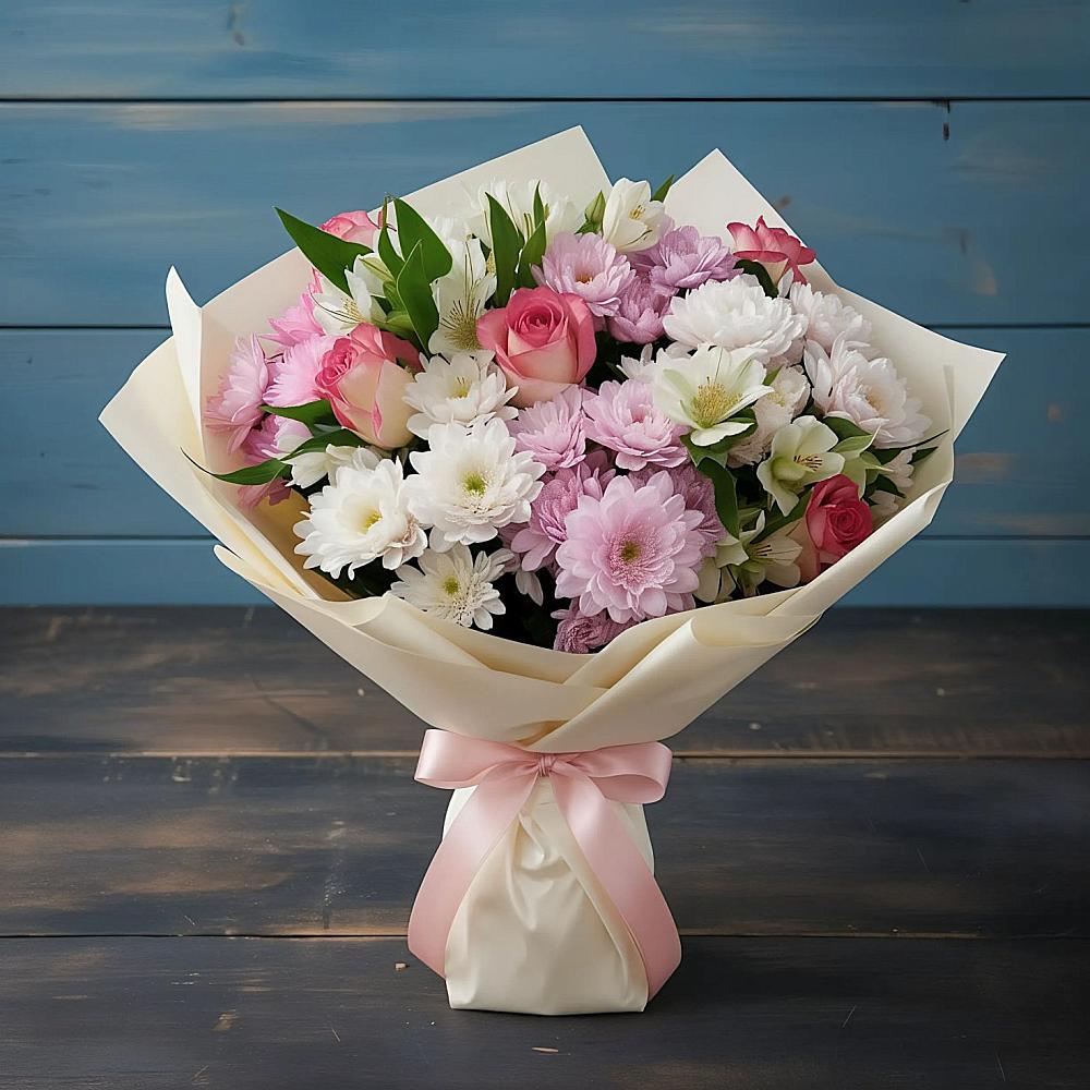 Букет цветов из: Хризантемы, Альстромерии и Розы в Дятьково